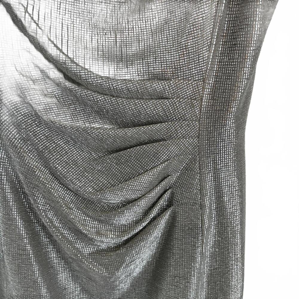 Tahari | Metallic Silver Gold Shimmer Cap Sleeve Sash Dress Size 14 - Picture 2 of 9